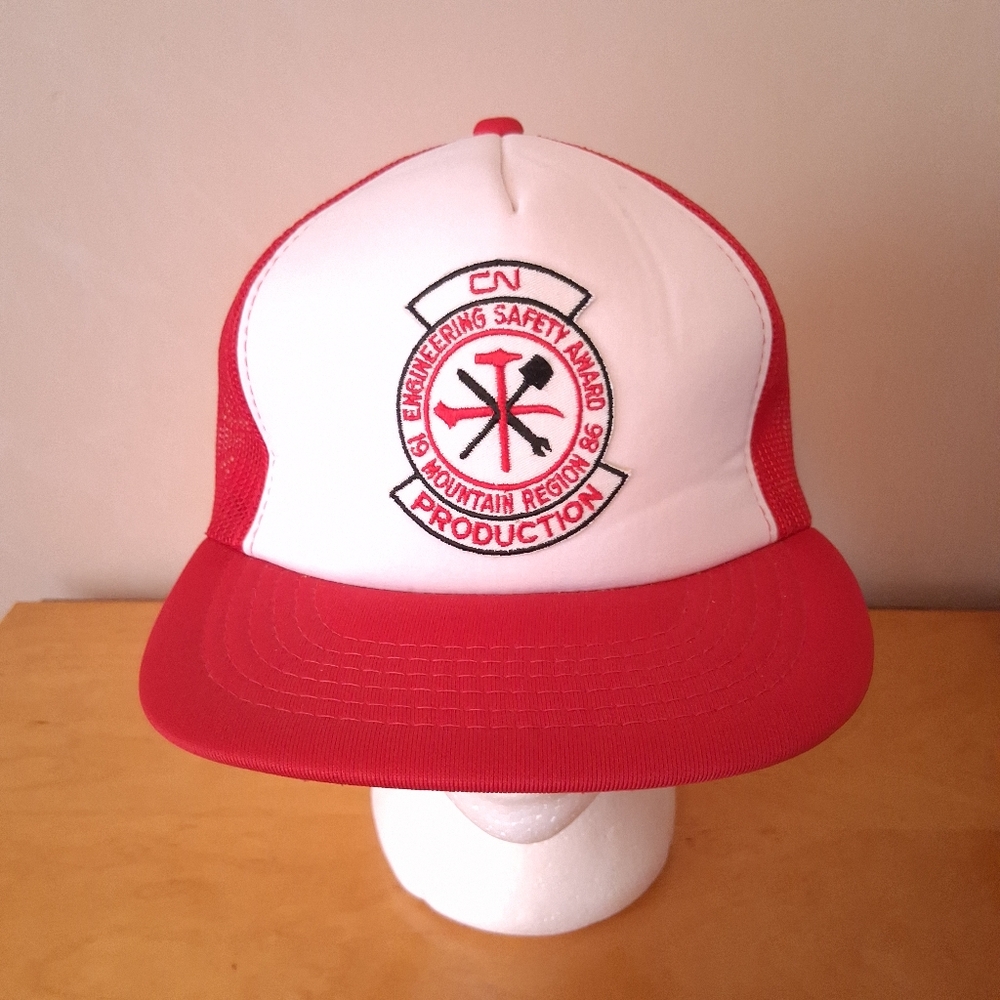 VTG 1986 CN Production Engineering Safety Award Red Trucker Hat Snapback Cap
